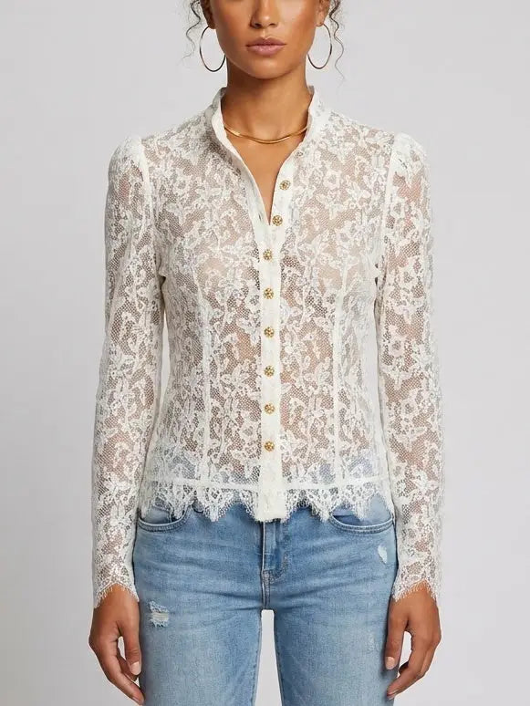 White Floral Lace Sheer Blouse - S - Tops