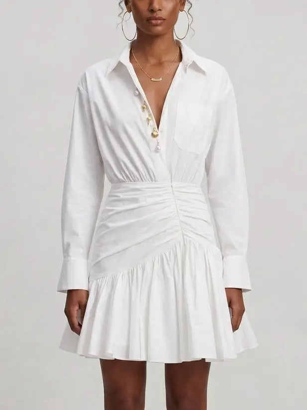 White Gathered Cotton Poplin Shirt Dress - XS - Dresses