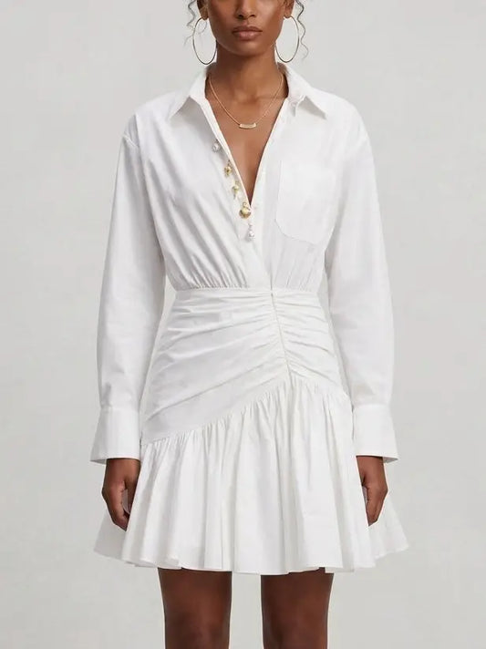 White Gathered Cotton Poplin Shirt Dress - XS - Dresses