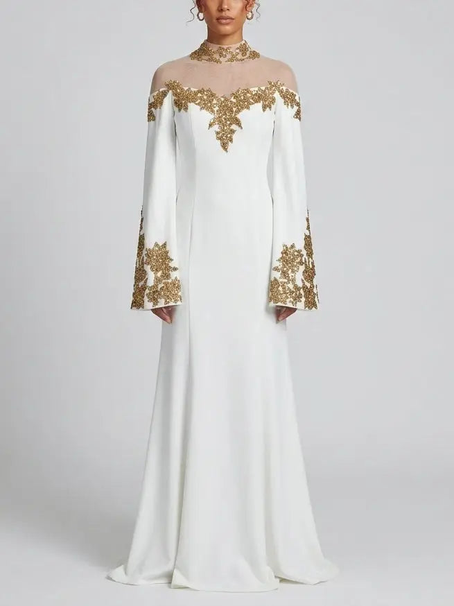 White Gold Sequin Embroidered Mesh Yoke Maxi Gown - S - Dresses