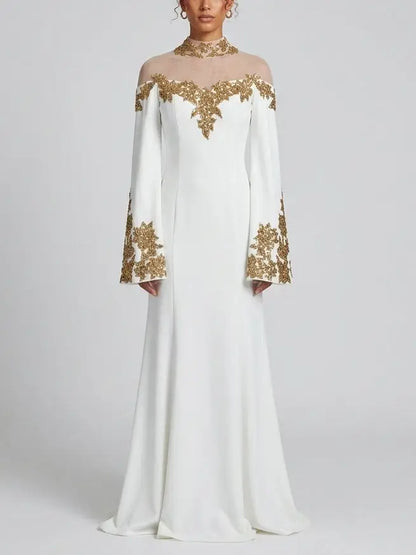 White Gold Sequin Embroidered Mesh Yoke Maxi Gown - S - Dresses
