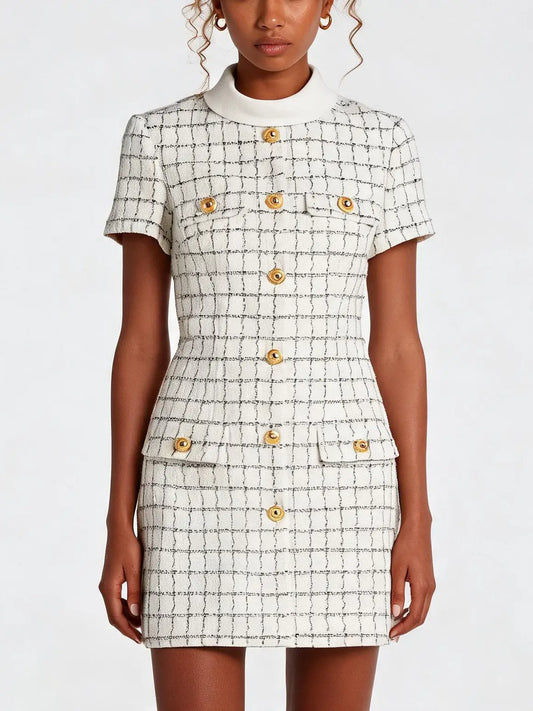 Wool-Blend Embellished-Pocket Tweed Mini Dress - Small - Dresses