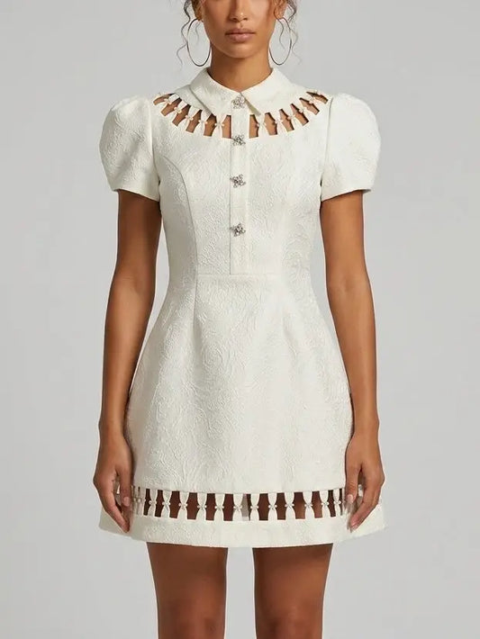 White Jacquard Mini Dress with Cutout Detail - S - Dresses