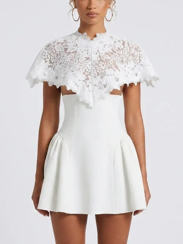 White Lace Cape fit and Flared Mini Dress - Small - Dresses