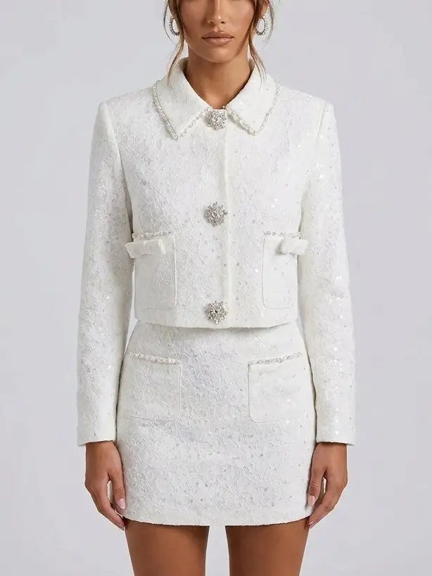 White Lace Jacket and Skirt Set with Crystal Buttons - Small - Suits & Sets