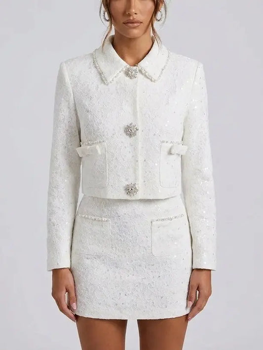White Lace Jacket and Skirt Set with Crystal Buttons - Small - Suits & Sets