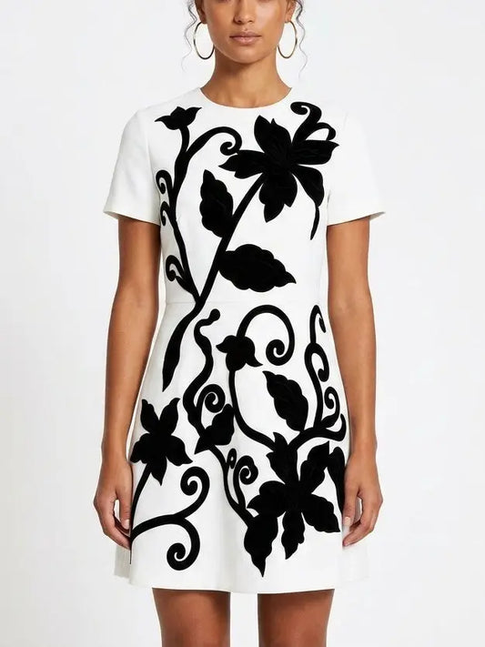 White Mini Dress with Black Floral Embroidery - Small - Dresses