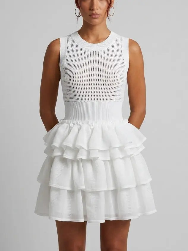White Open Knit Tiered Ruffle Mini Dress - Small - Dresses