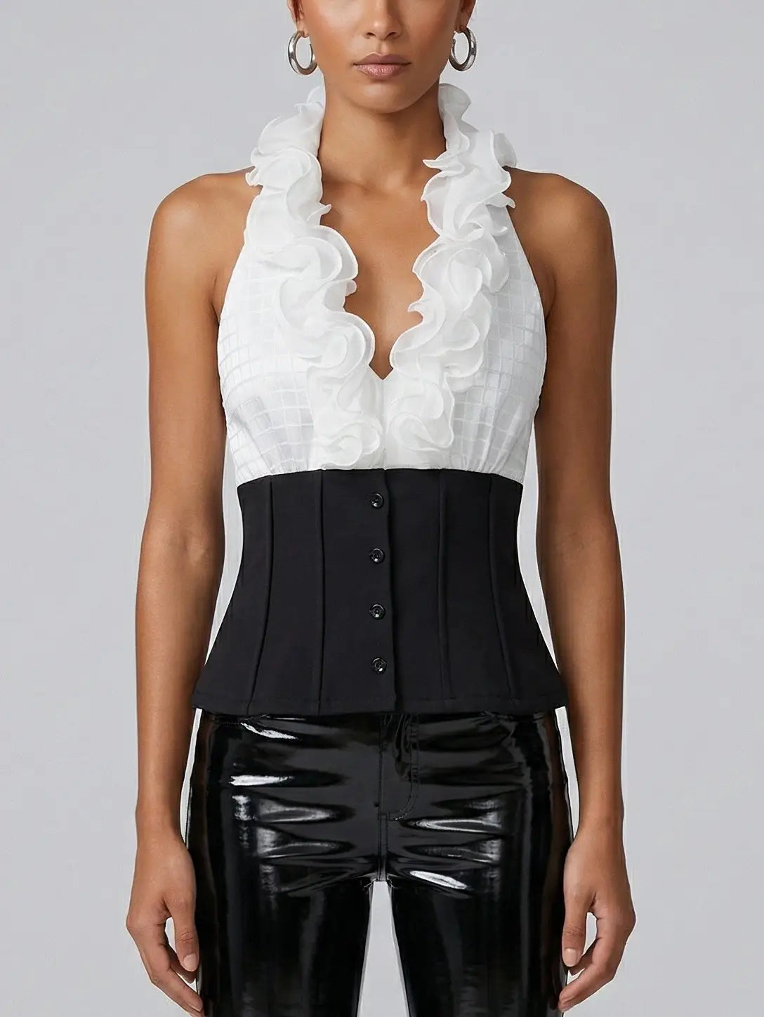 White Ruffle Halter Corset Top with Black Waist Panel - Small - Tops