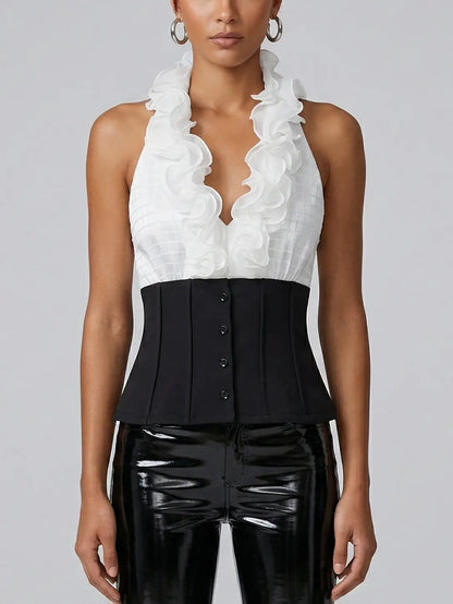 White Ruffle Halter Corset Top with Black Waist Panel - Small - Tops