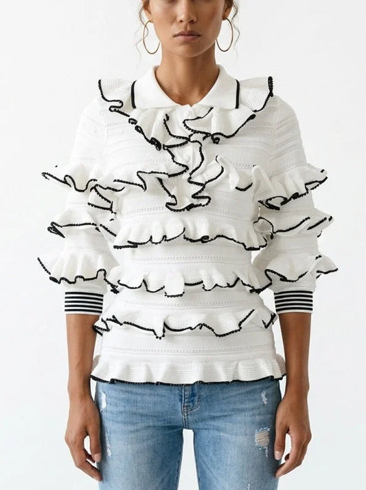 White Ruffled Knit Polo Sweater - S - Sweaters & Knitwear