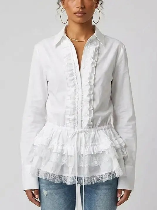 Ruffled White Cotton Shirt - Small - Tops