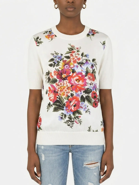 White Silk Knit Floral Bouquet Top - S - Tops