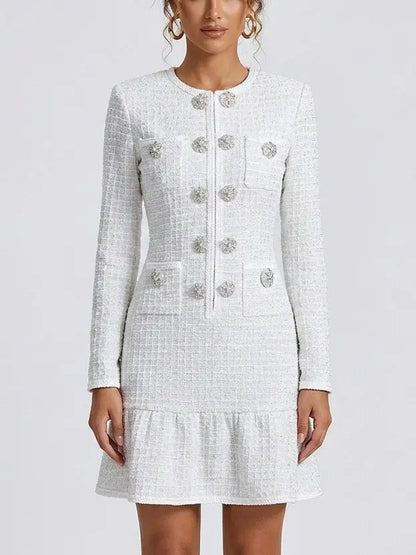 White Waffled Tweed Knit Mini Dress - small - Dresses