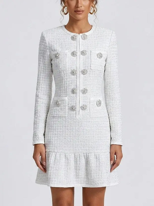 White Waffled Tweed Knit Mini Dress - small - Dresses