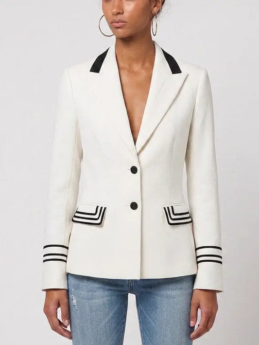 White Wool Blazer with Black Contrast Trim - S - Jackets