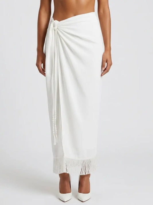 White Wrap Maxi Skirt with Fringe Trim - Small - Skirts