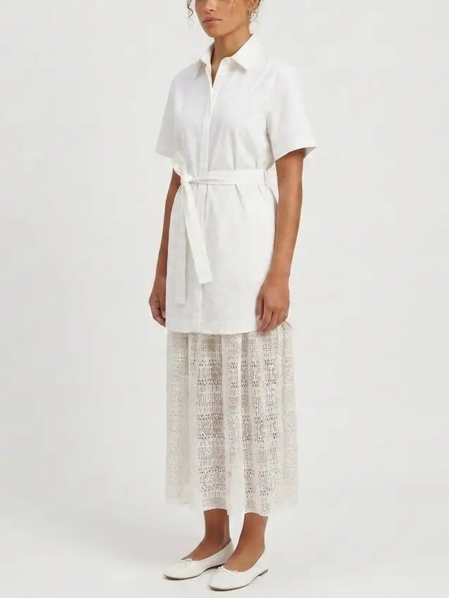 White Belted Shirt Dress with Lace Trim Midi Skirt - Dresses