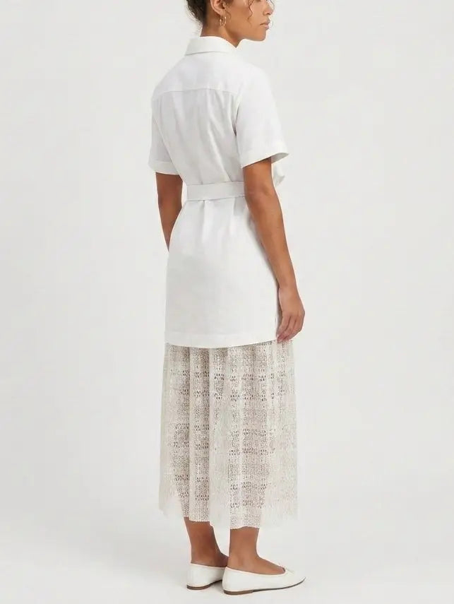 White Belted Shirt Dress with Lace Trim Midi Skirt - Dresses