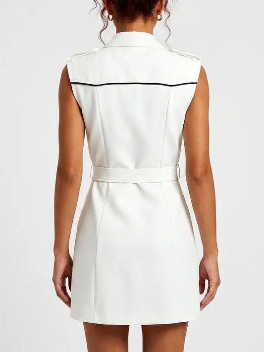 White Contrast Pocket Zip Front Vest Mini Dress - Dresses