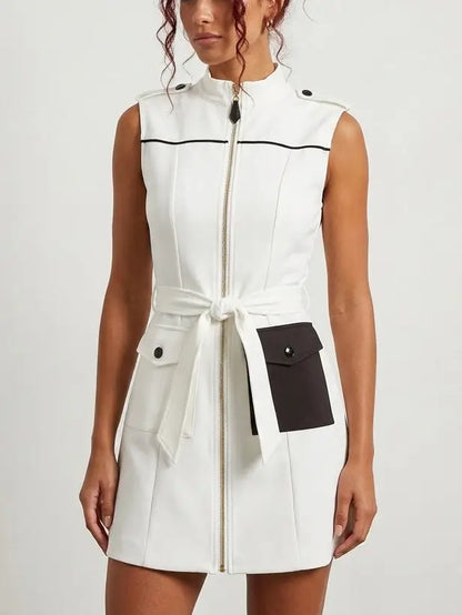 White Contrast Pocket Zip Front Vest Mini Dress - Dresses