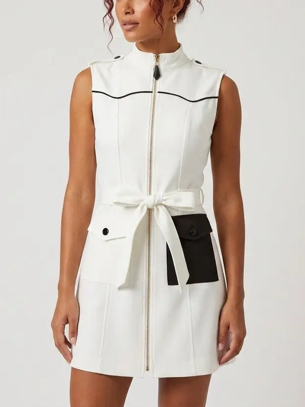 White Contrast Pocket Zip Front Vest Mini Dress - Dresses