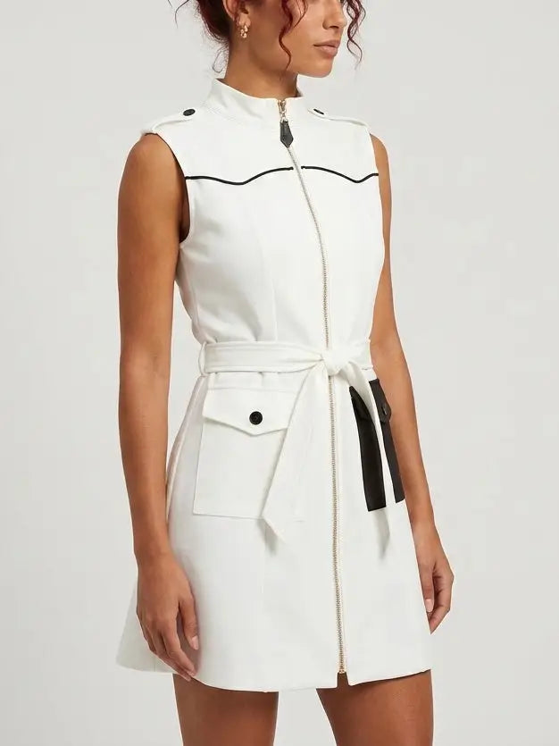 White Contrast Pocket Zip Front Vest Mini Dress - Dresses