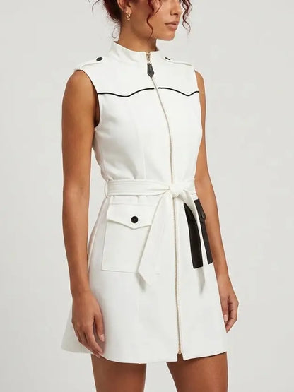 White Contrast Pocket Zip Front Vest Mini Dress - Dresses