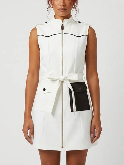 White Contrast Pocket Zip Front Vest Mini Dress - Dresses