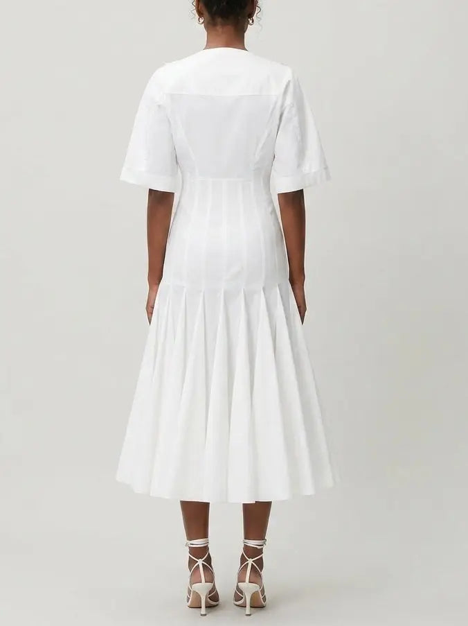 White Cotton Poplin Fit and Flare Midi Shirt Dress - Dresses