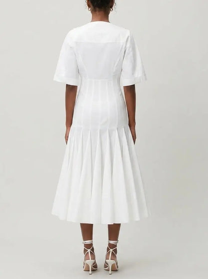 White Cotton Poplin Fit and Flare Midi Shirt Dress - Dresses