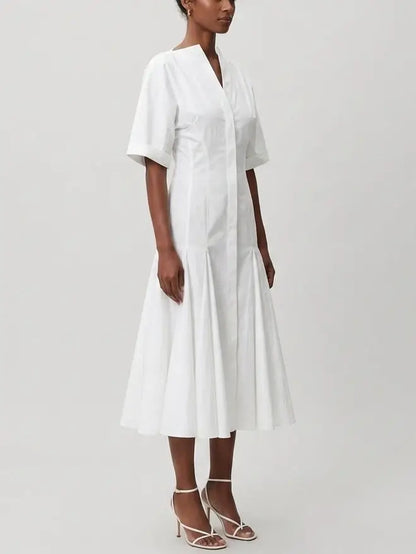 White Cotton Poplin Fit and Flare Midi Shirt Dress - Dresses