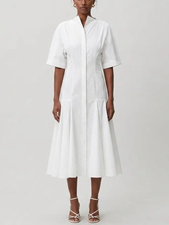 White Cotton Poplin Fit and Flare Midi Shirt Dress - Dresses