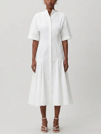 White Cotton Poplin Fit and Flare Midi Shirt Dress - Dresses
