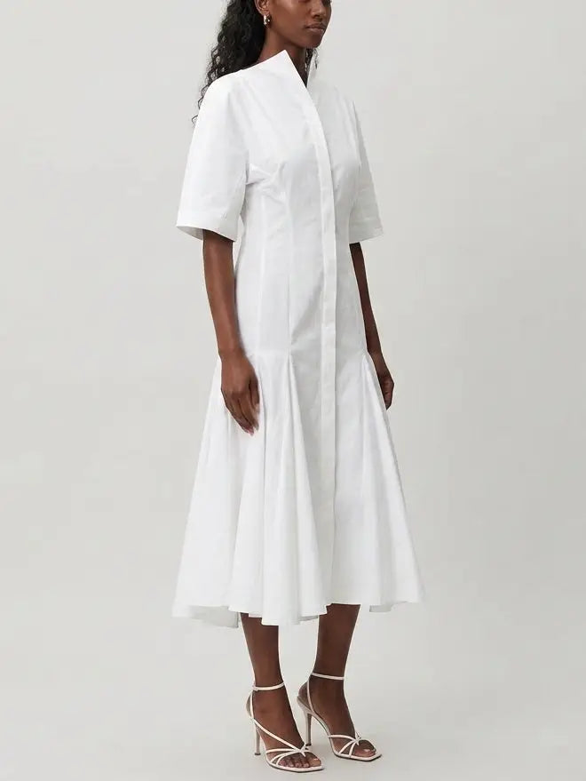 White Cotton Poplin Fit and Flare Midi Shirt Dress - Dresses