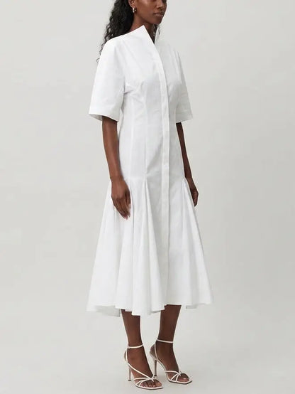 White Cotton Poplin Fit and Flare Midi Shirt Dress - Dresses
