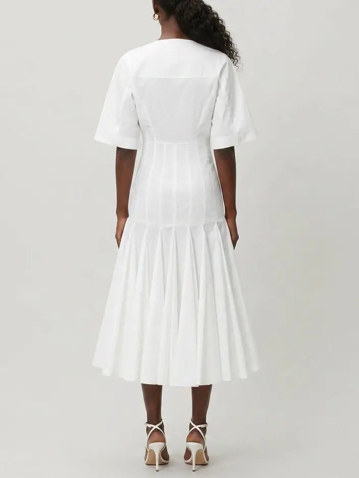 White Cotton Poplin Fit and Flare Midi Shirt Dress - Dresses
