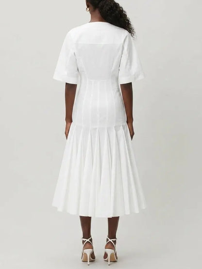 White Cotton Poplin Fit and Flare Midi Shirt Dress - Dresses