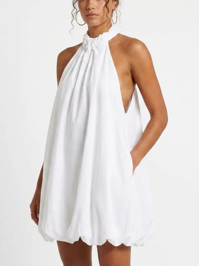 White Cotton Poplin Halterneck Bubble Mini Dress - Dresses
