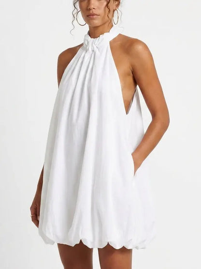 White Cotton Poplin Halterneck Bubble Mini Dress - Dresses