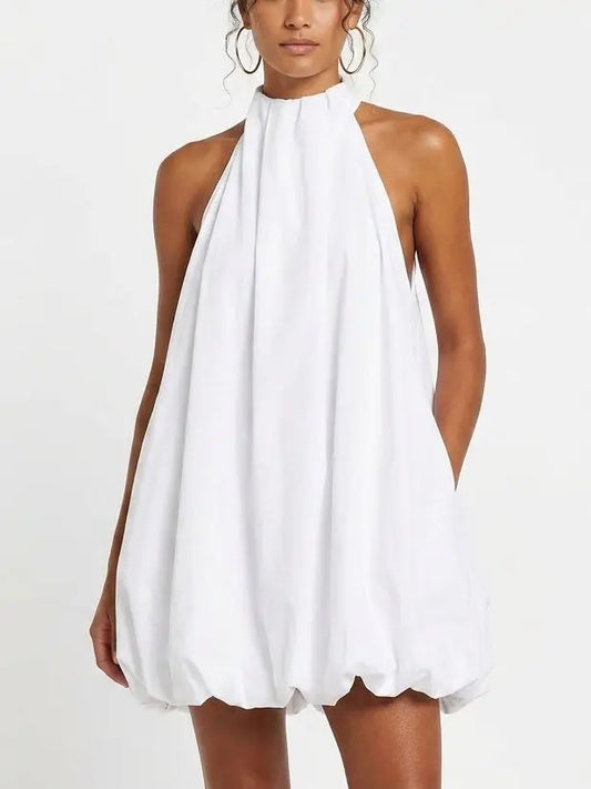 White Cotton Poplin Halterneck Bubble Mini Dress - Dresses
