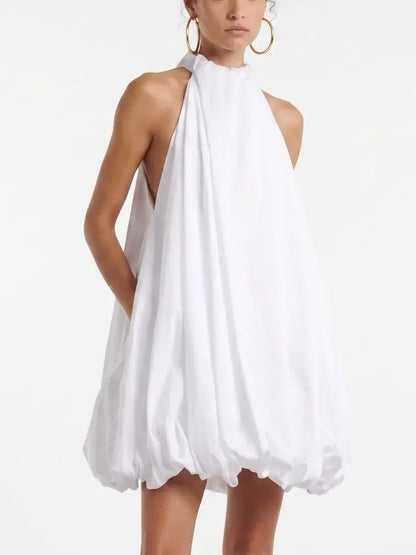 White Cotton Poplin Halterneck Bubble Mini Dress - Dresses