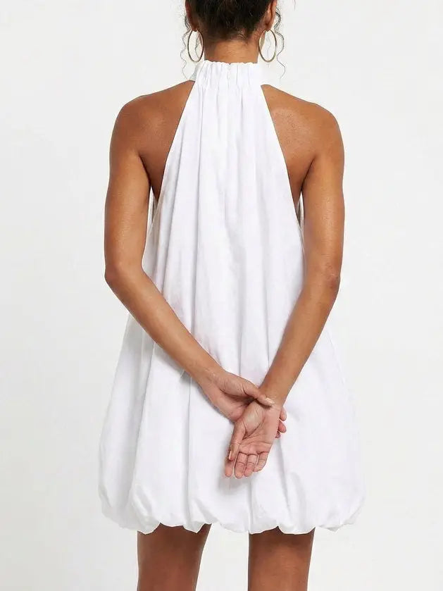 White Cotton Poplin Halterneck Bubble Mini Dress - Dresses
