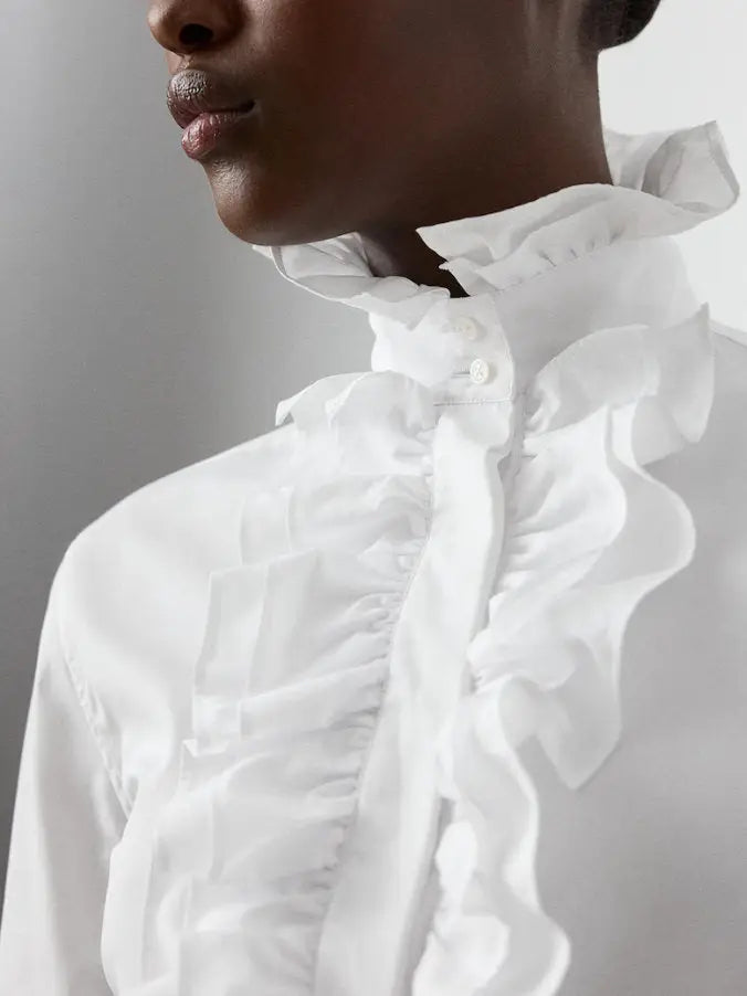 White Cotton Ruffled High-Neck Shirt - Tops
