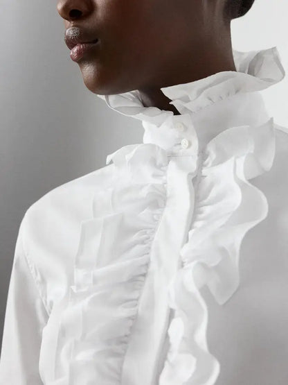 White Cotton Ruffled High-Neck Shirt - Tops