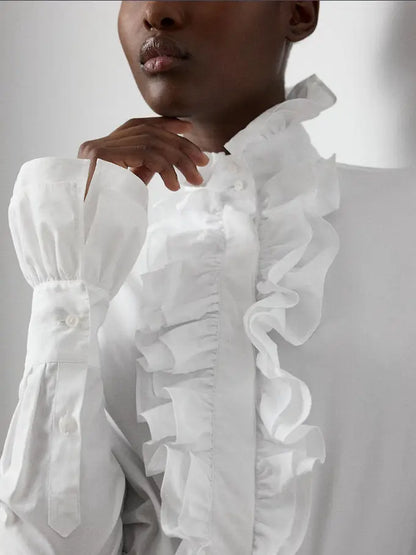 White Cotton Ruffled High-Neck Shirt - Tops