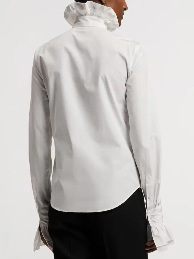 White Cotton Ruffled High-Neck Shirt - Tops