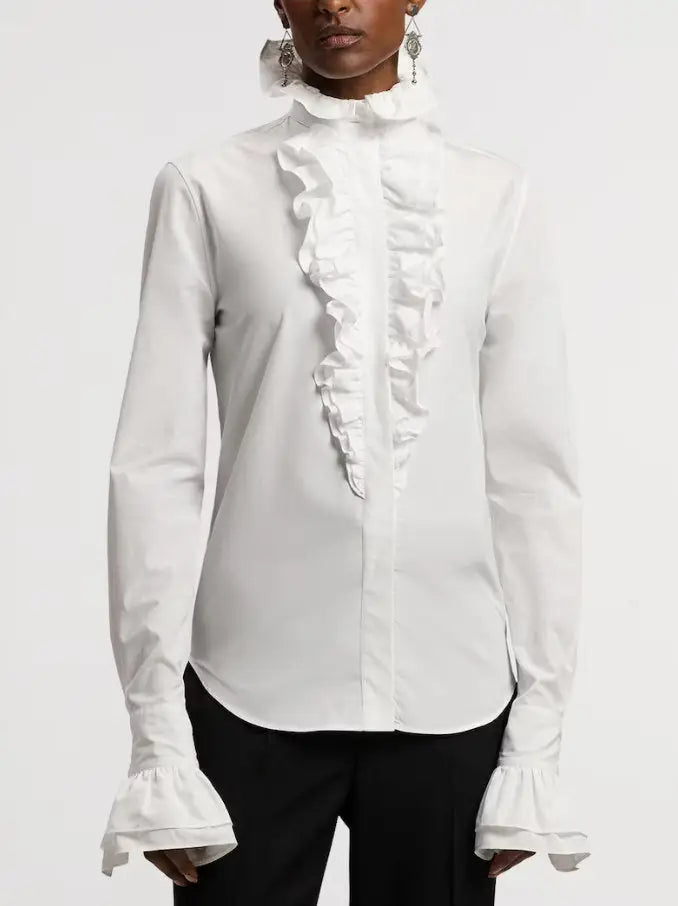 White Cotton Ruffled High-Neck Shirt - Tops