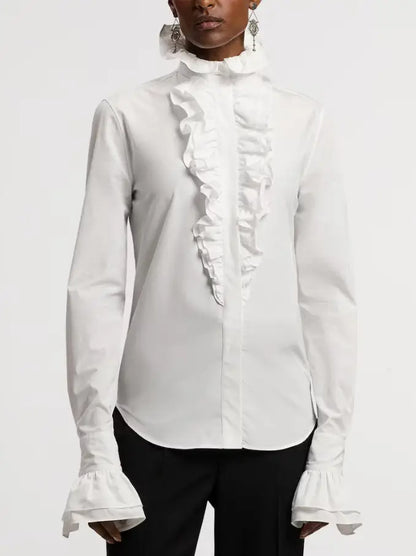 White Cotton Ruffled High-Neck Shirt - Tops