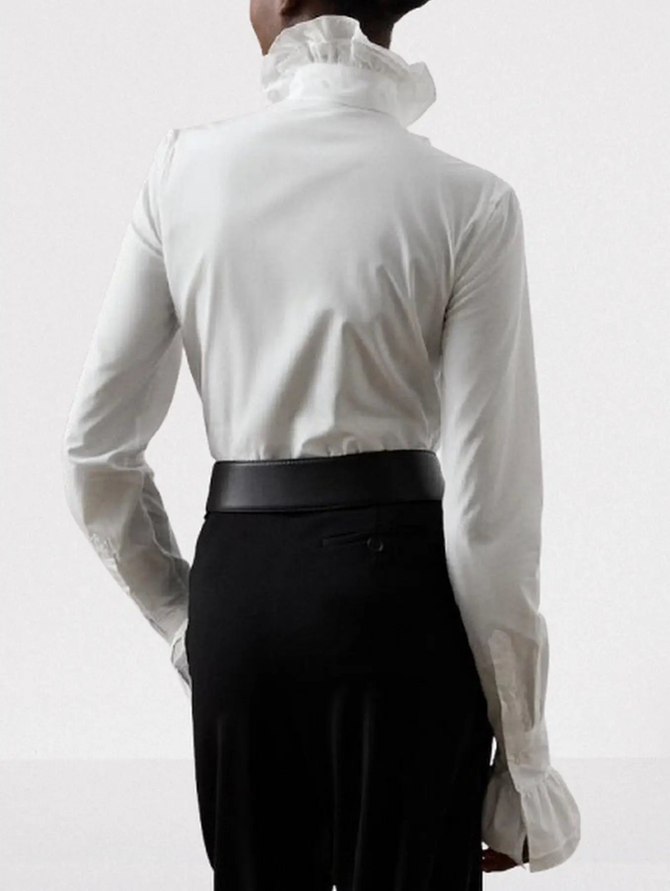 White Cotton Ruffled High-Neck Shirt - Tops